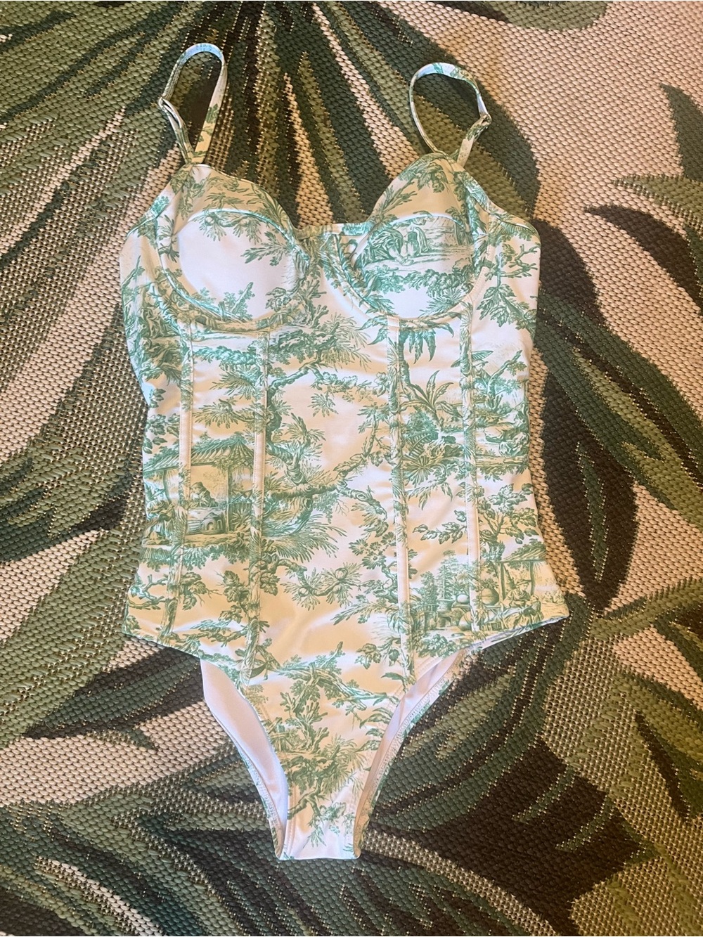 Green Toile One-Piece Swimsuit with Supportive Cups